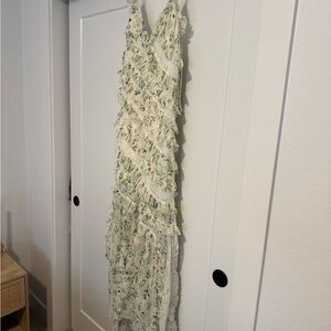 Alice + Olivia Cream and Green Ruffled Tiered Gown
